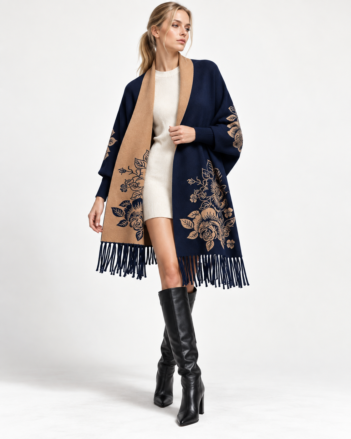 Floral-Print Tassel Cape