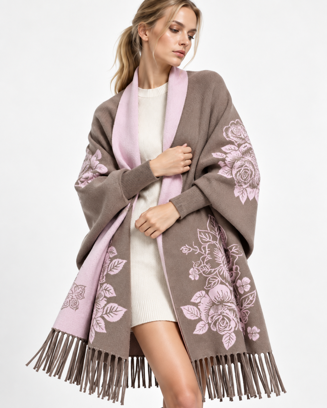Floral-Print Tassel Cape