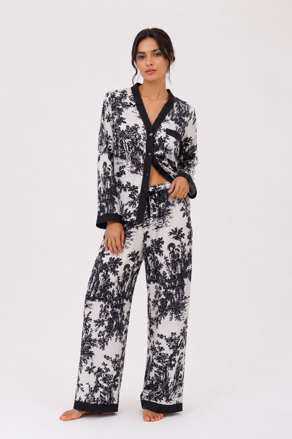 Piped Long-Sleeve Button-Front Pyjama Shirt