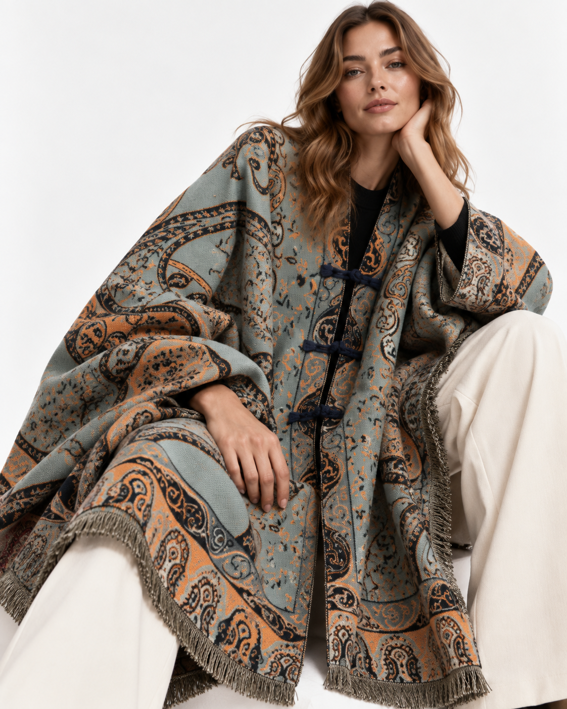 Paisley-Print Tassel Cape