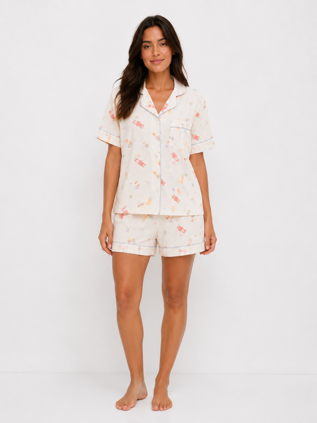 Textured Short Pyjama Set with Fine Piping
