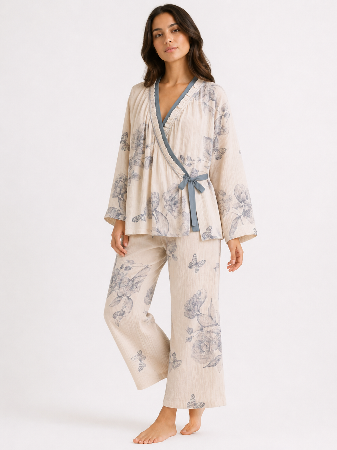 Kimono-Style Wrap Long Pyjama Set with Tie Waist