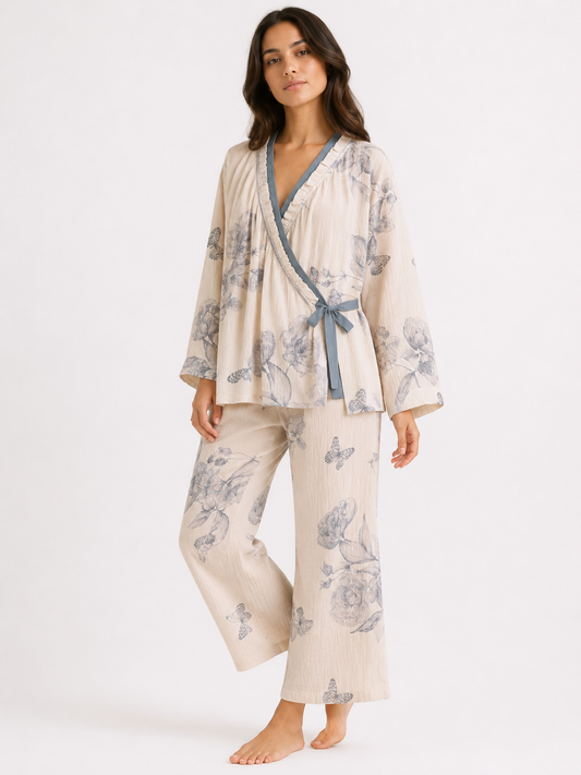 Kimono-Style Wrap Long Pyjama Set with Tie Waist