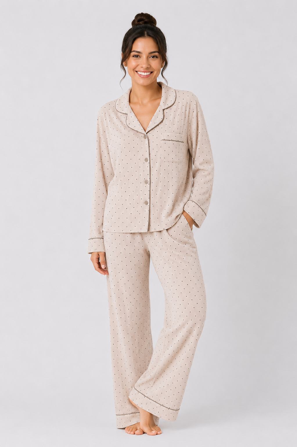 Contrast-Piped Long Pyjama Set with Straight-Leg Pants