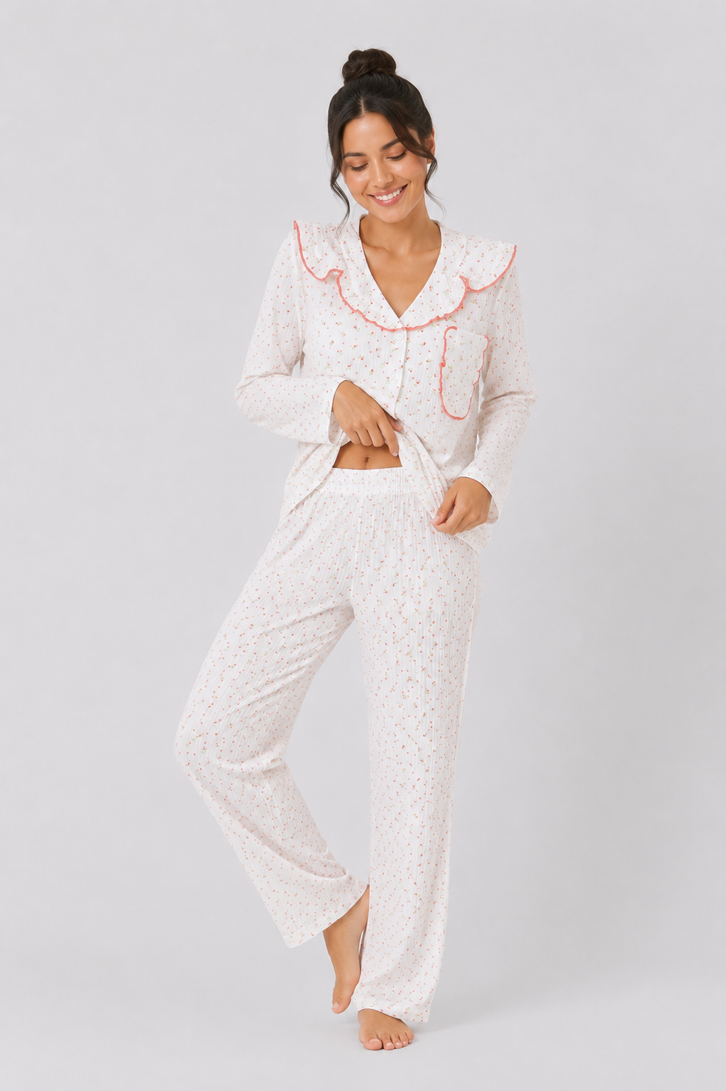 Contrast-Piped Long Pyjama Set with Straight-Leg Pants