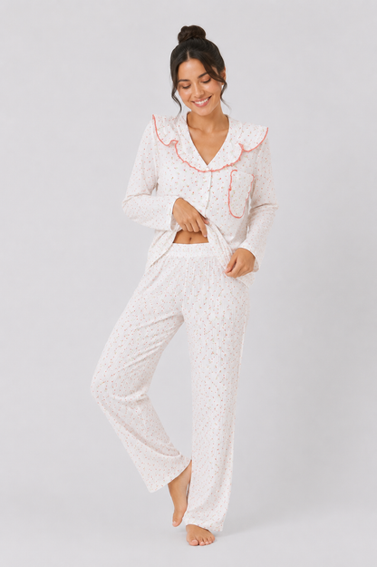 Contrast-Piped Long Pyjama Set with Straight-Leg Pants
