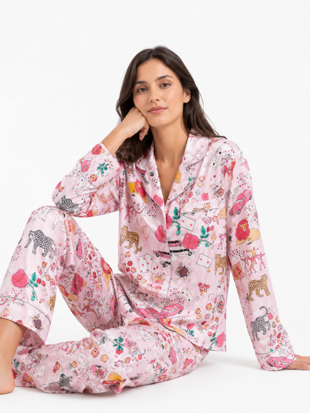 Floral-Print Long Pyjama Set with Wide-Leg Pants