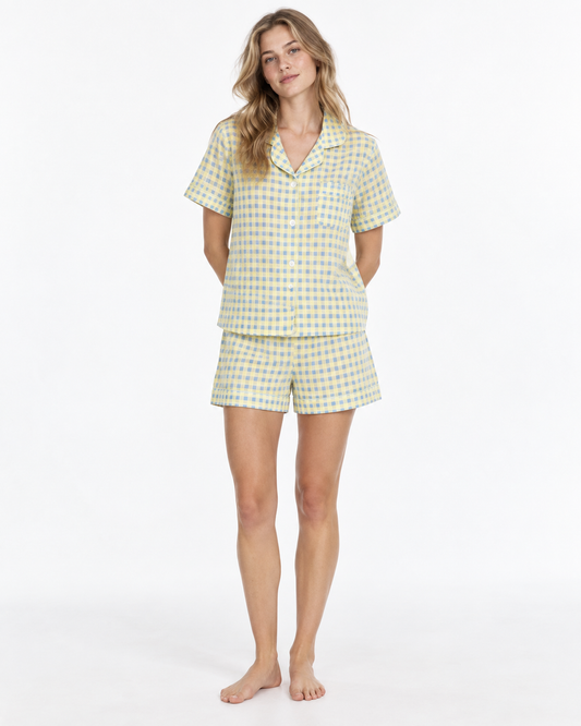 Check-Pattern Short Pyjama Set with Statement Collar