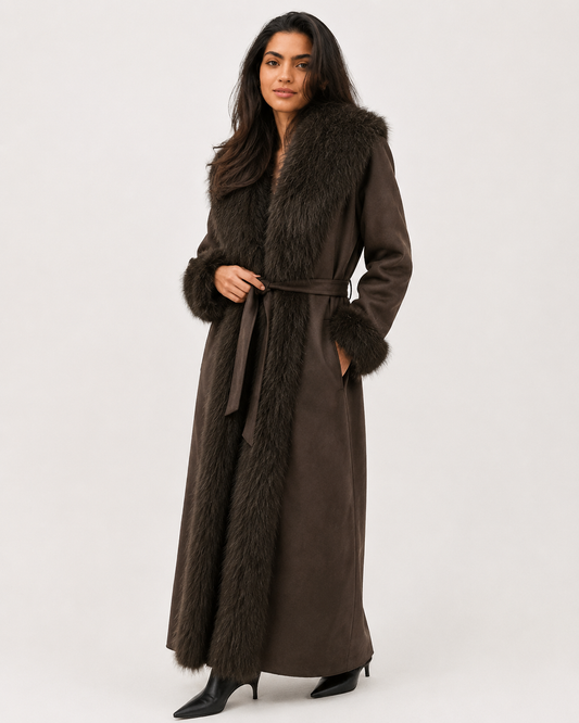 Plush-Panelled Belted Coat