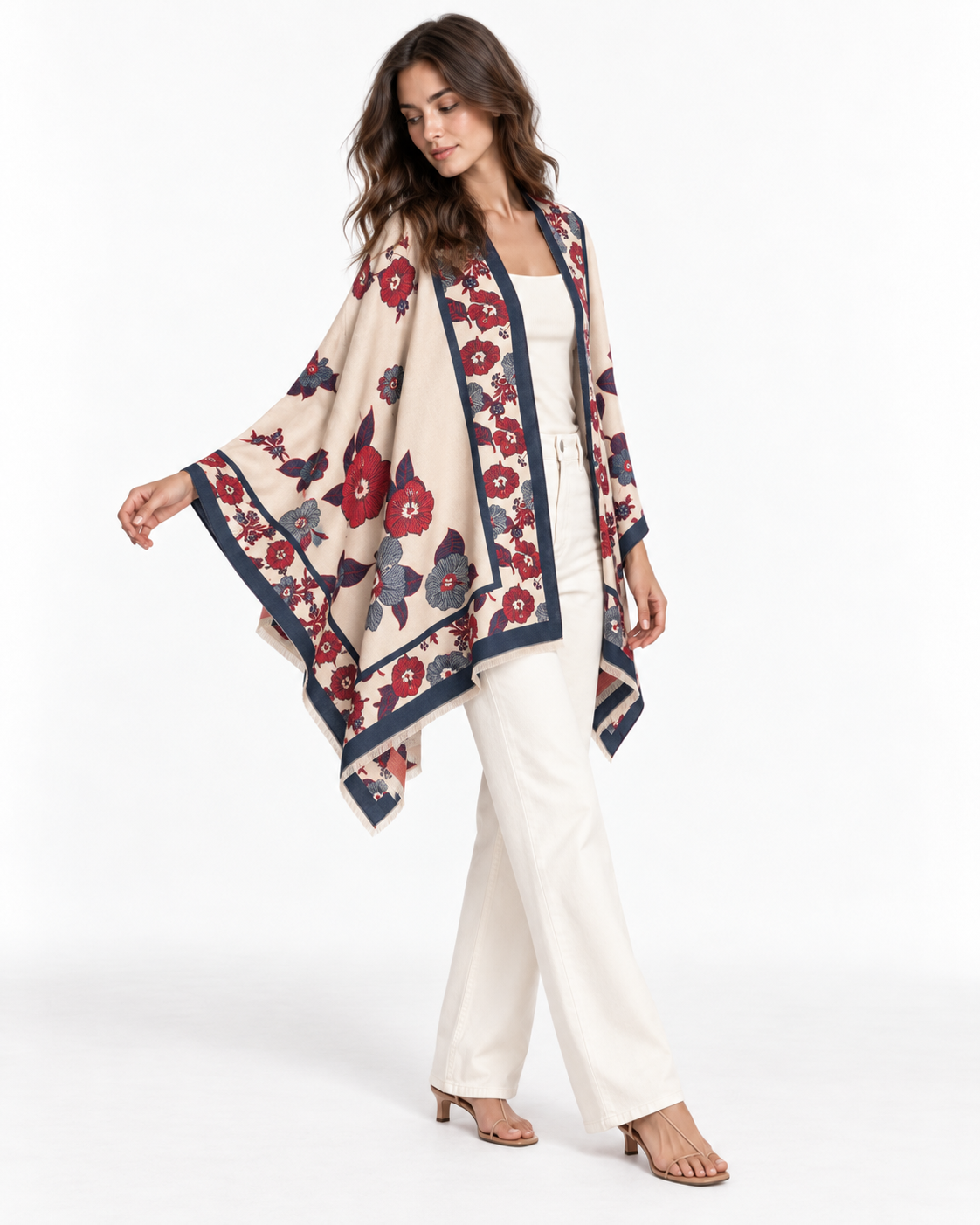 Floral-Print Draped Shawl