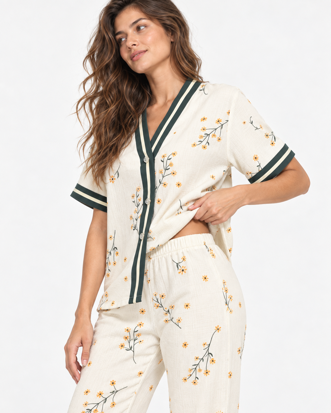 Floral V-Neck Long Pyjama Set