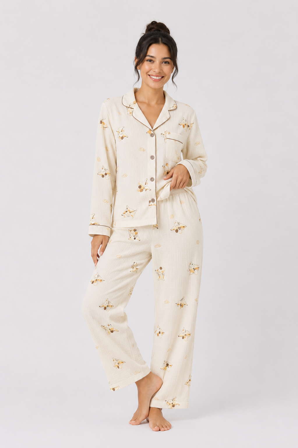 Contrast-Piped Long Pyjama Set with Straight-Leg Pants