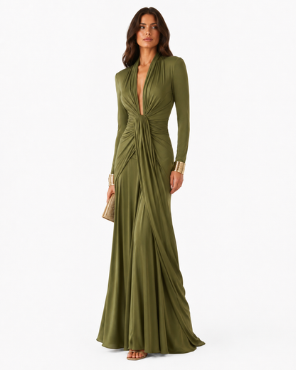 Twist-Waist V-Neck Maxi Dress