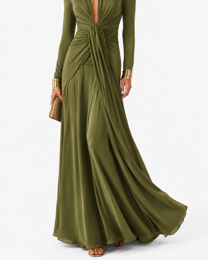 Twist-Waist V-Neck Maxi Dress