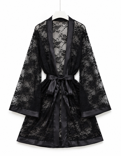 V-Neck Lace Dressing Gown with Tie Waist