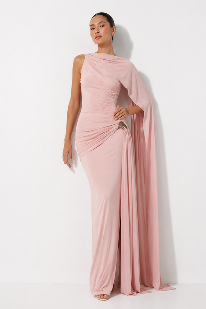 Asymmetric Draped Cape Maxi Dress with Thigh-High Split