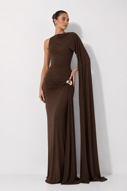 Asymmetric Draped Cape Maxi Dress with Thigh-High Split