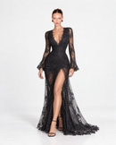 Lace V-Neck Long-Sleeve Evening Gown
