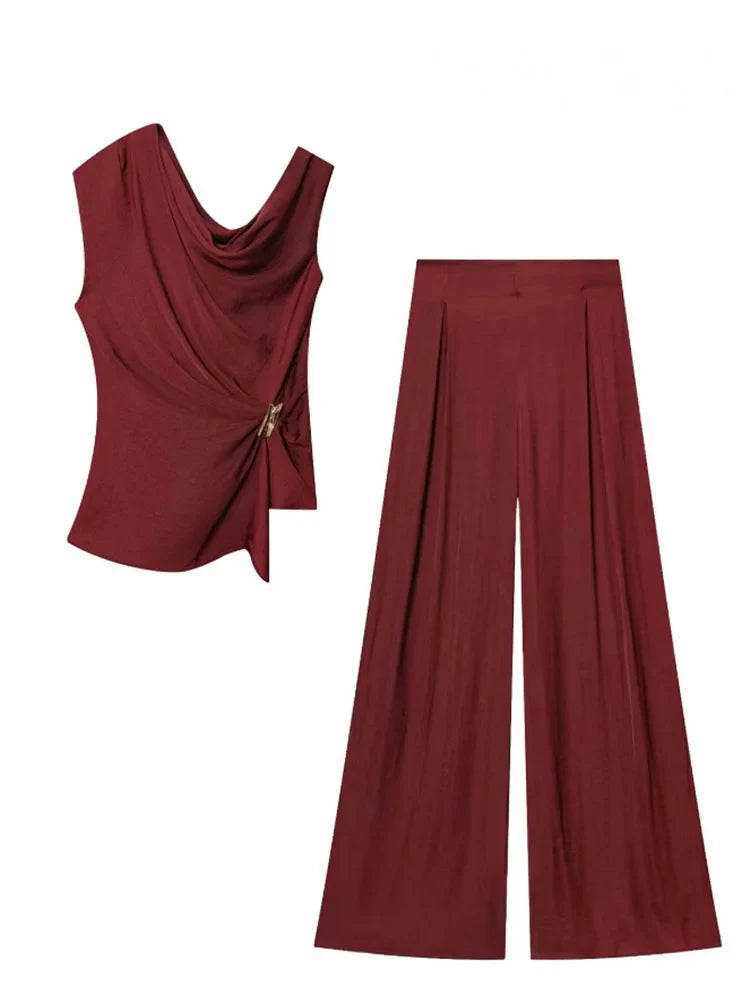 Draped Sleeveless Top and Wide-Leg Pants Set