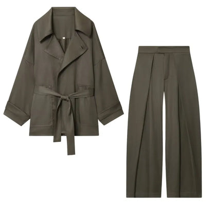 Belted Wrap Jacket & Wide-Leg Pants Set