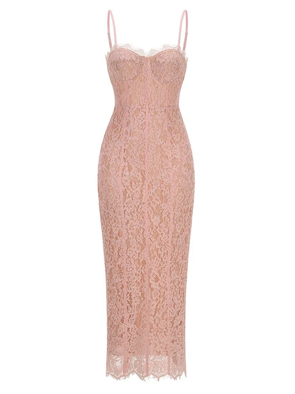 Corset-Detail Cami Midi Dress in Structured Floral Lace