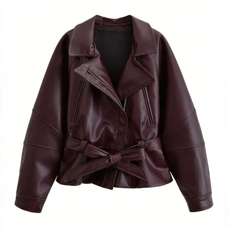 Belted Faux-Leather Peplum Jacket
