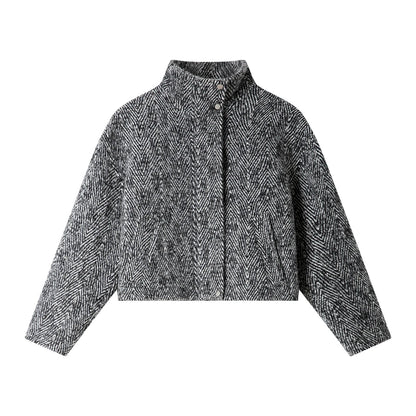 Herringbone Textured Bomber Jacket with High Neck