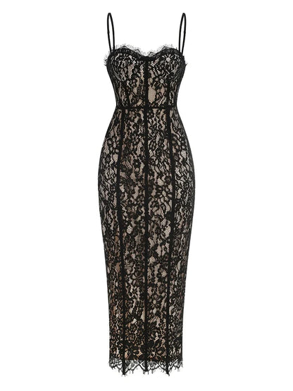 Corset-Detail Cami Midi Dress in Structured Floral Lace