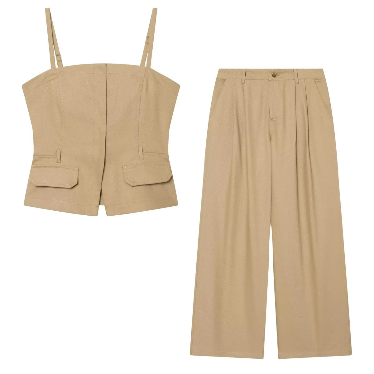Strapless Button-Front Vest & Wide-Leg Pants Set