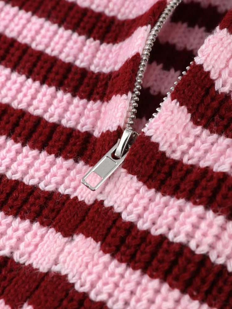 Two-Way Zip Striped Ribbed Sweater
