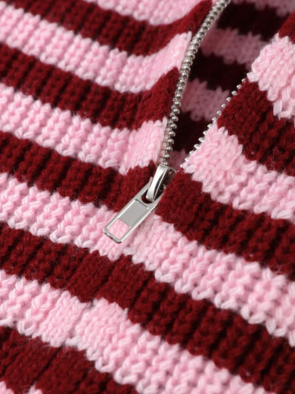 Two-Way Zip Striped Ribbed Sweater
