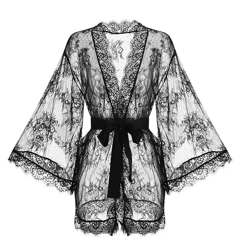 Floral Lace-Detail Dressing Gown with Tie Waist