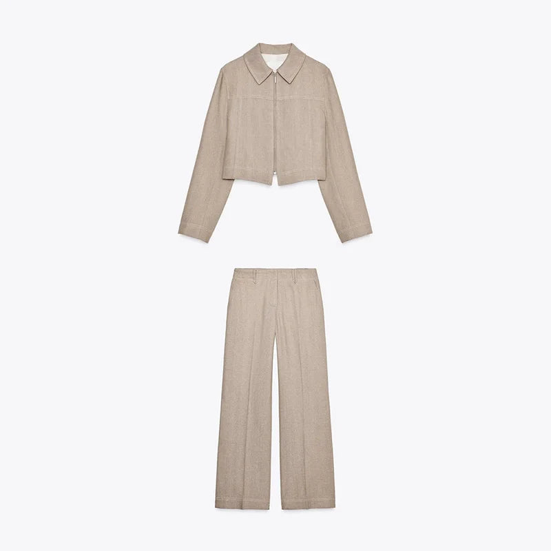 Buttoned Knit Cardigan and Tailored Pants Set