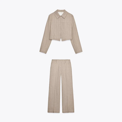 Buttoned Knit Cardigan and Tailored Pants Set
