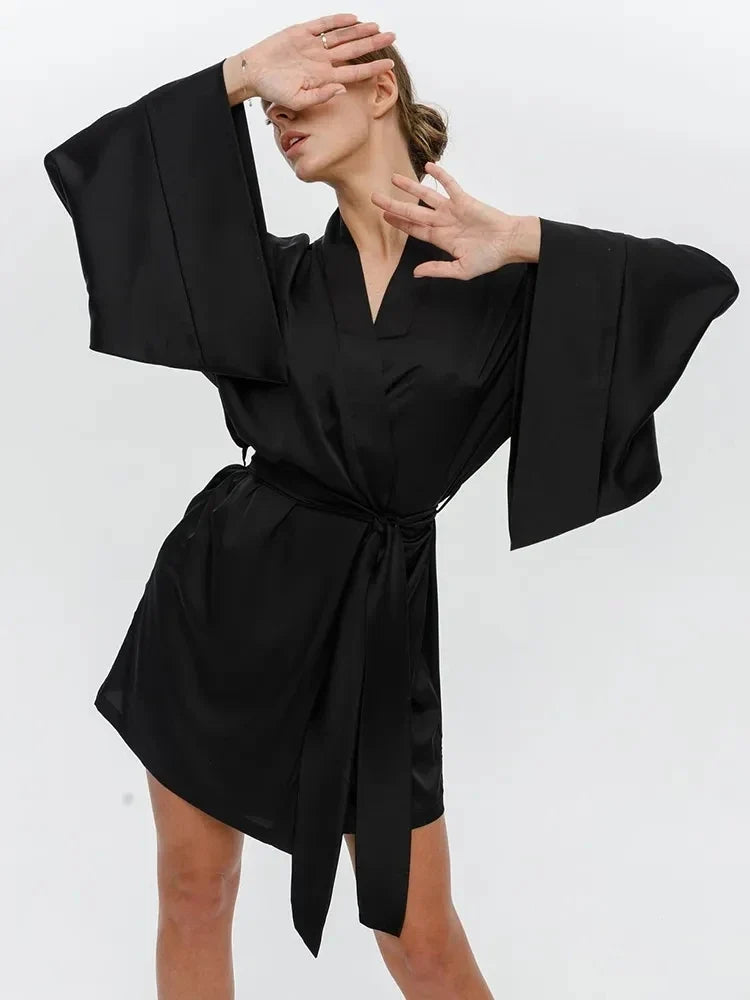 V-Neck Satin-Look Dressing Gown with Wide Sleeves