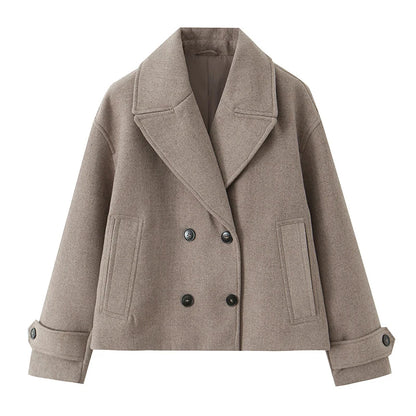 Double-Breasted Short Wool Blend Coat with Cuff Tabs