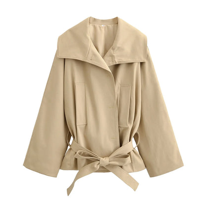 High-Neck Belted Jacket and Pleated Shorts Set