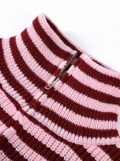 Two-Way Zip Striped Ribbed Sweater